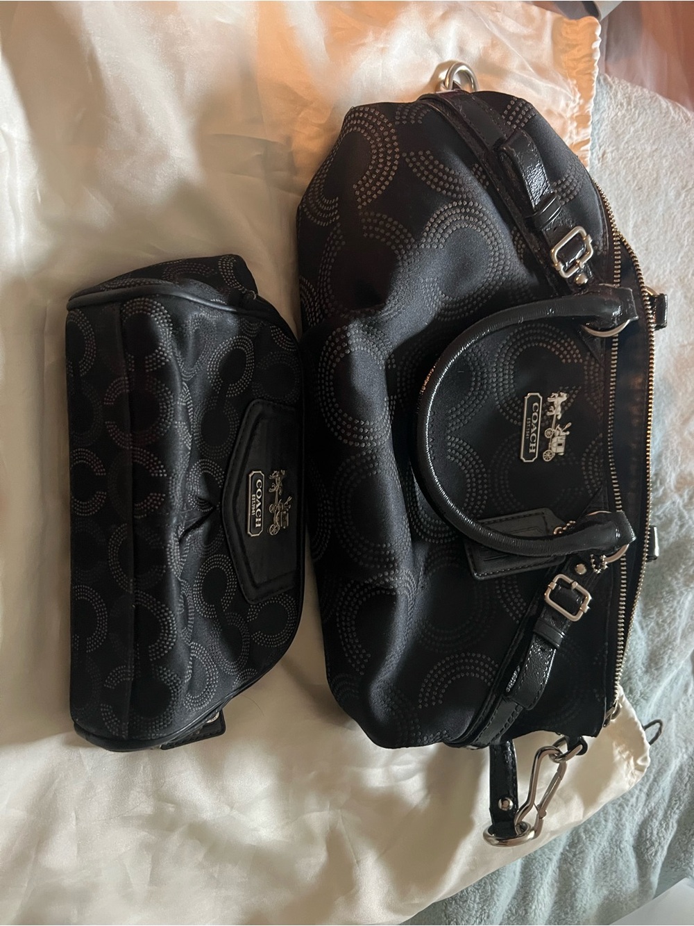 Coach Black Signature Canvas Satchel with Matching Pouch Set
